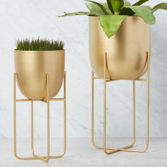 Other - Pair of Metal Gold Tone Plant Pots on Stands